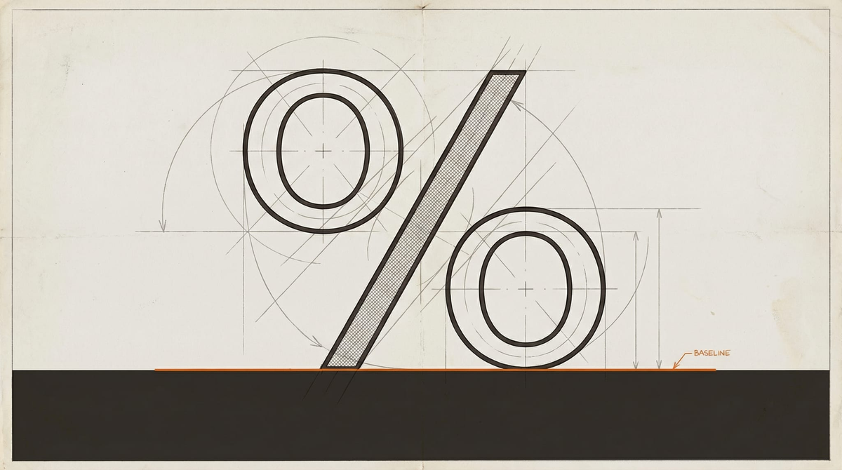 A percentage sign rendered as a typographic construction drawing. Compass arcs, dimension marks, tangent lines. Survey-marker orange baseline.
