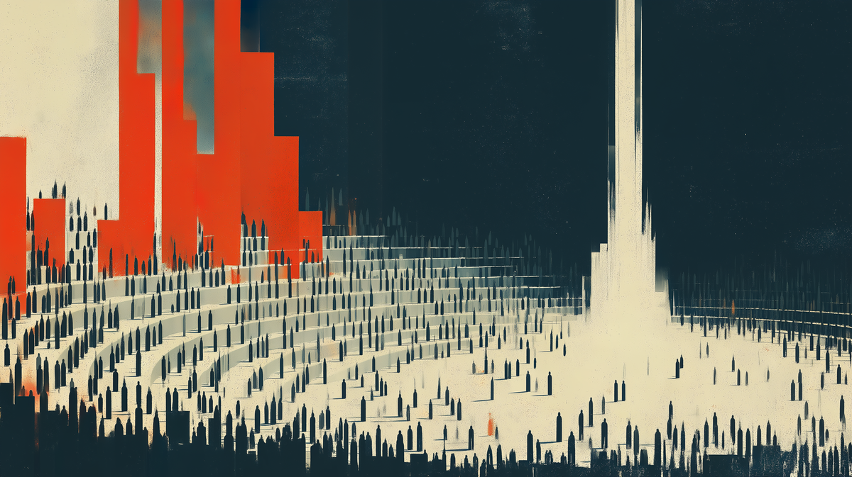 Vast amphitheater filled with hundreds of small identical dark figures in tiered rows. A single beam of harsh white light rises from center. The crowd faces the light.