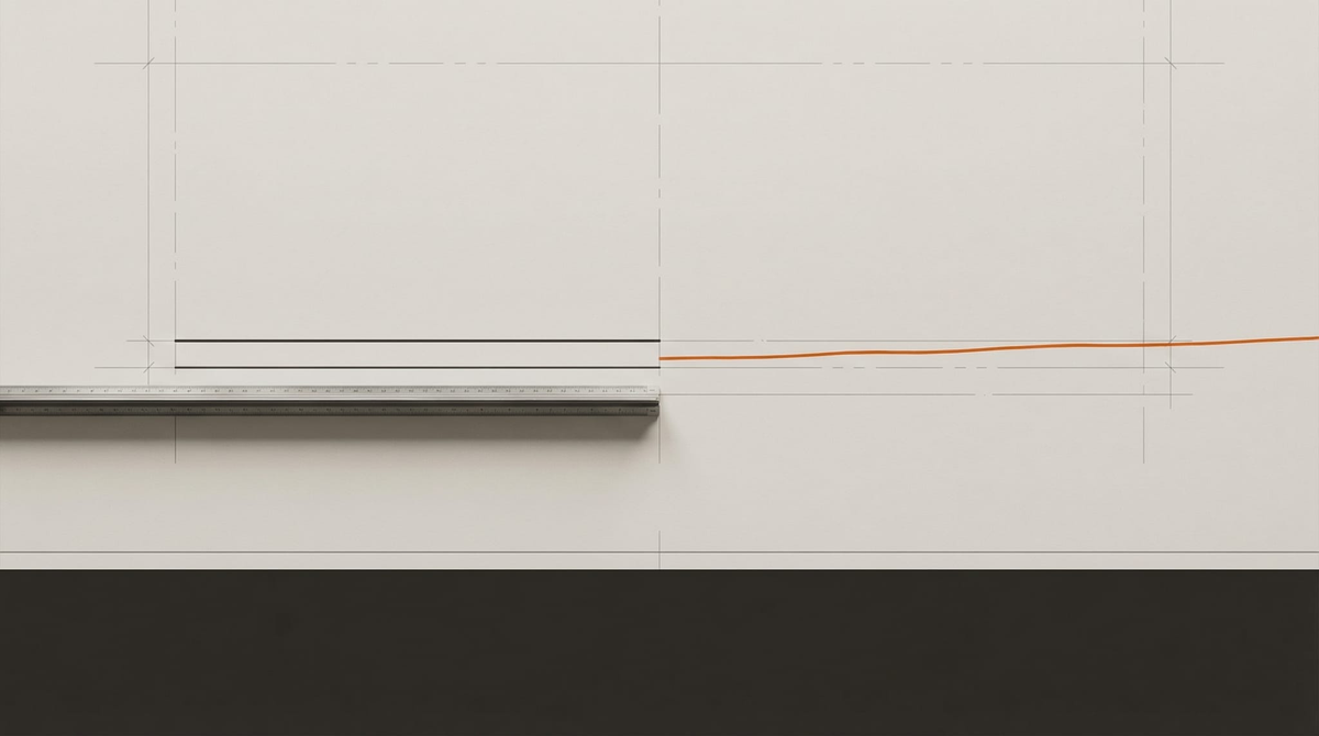 Two lines on a drafting table. Left: dark ink, ruled with a straightedge, ending cleanly. Right: survey-marker orange, drawn freehand, continuing past the frame.