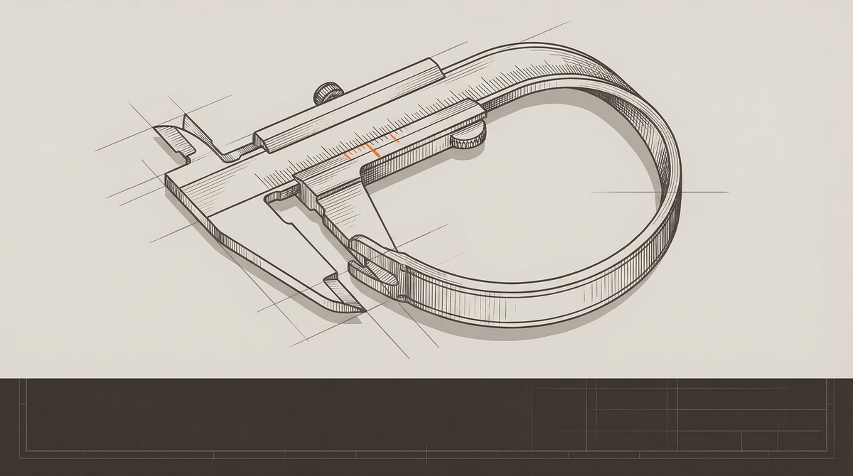 A vernier caliper bent back on itself, jaws measuring their own body. Survey-marker orange calibration mark on the scale.
