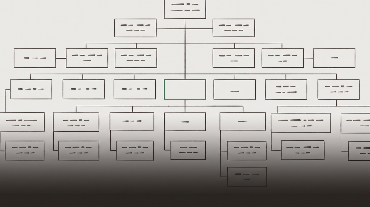 Organizational chart with all positions named except one — a blank node with a green border marking where agent labor is structurally present but unnamed in every governance document