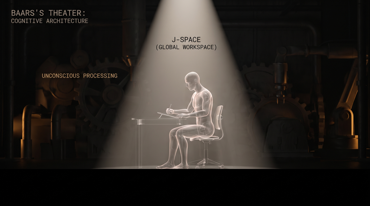 A spotlight on a dark stage illuminating a translucent figure — behind it in darkness the vast machinery of automatic processing — Baars theater as the J-space