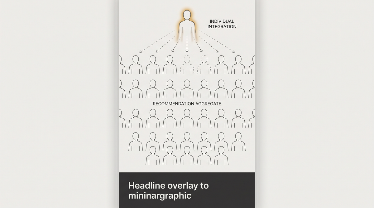 A feed of recommendation items — faceless interchangeable outlines — and at the top a figure whose outline blurs into the crowd behind them