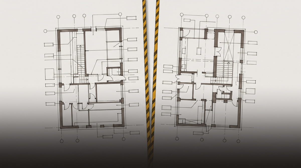 Abstract depiction of an architectural blueprint being torn apart along a central seam, suggesting the structural breakdown of a technology partnership.