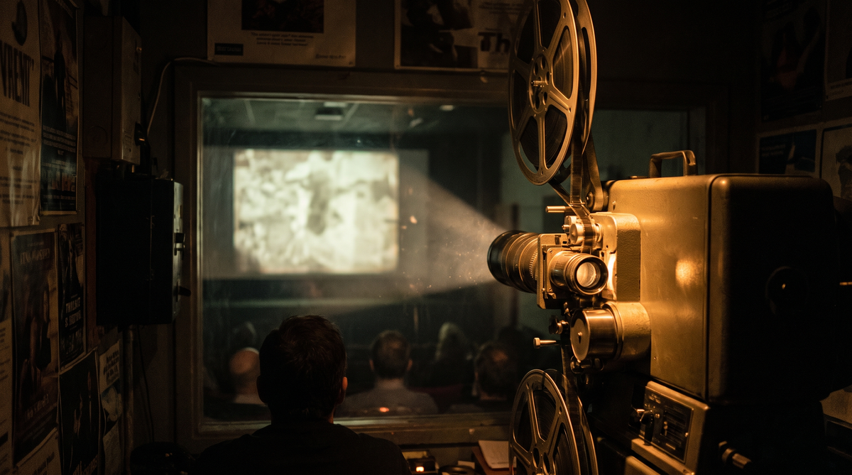 From behind a film projector in a small 42-seat theater, light beam cutting through darkness toward the screen, the machine and the audience in shadow.