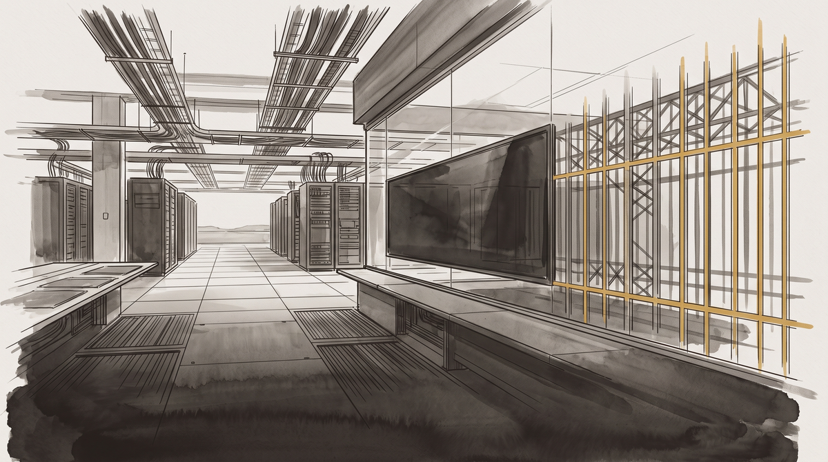 The view from inside a cage whose bars are invisible — servers and code stretch to the horizon — only a faint reflection in glass reveals the boundary was there — amber on pale grey