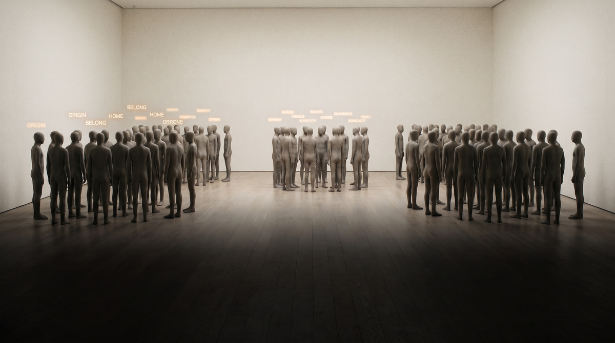 Abstract figures in a room, each carrying a faintly glowing word — they arrived speaking the language, they did not learn it from each other — belonging as sorting, not formation.