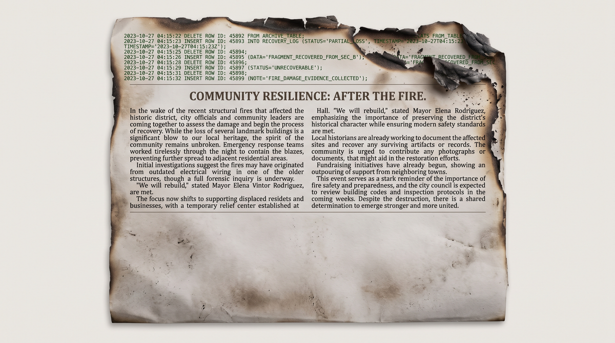 A printed article page partially burned at the edges — the surviving text is crisp and intact — a database journal preserved what an admin key destroyed.