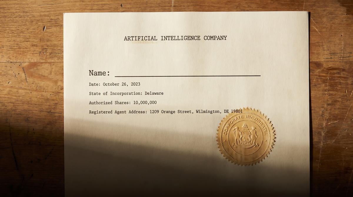 Delaware certificate of incorporation with company name line blank — embossed seal and AIC header — the legal container before the name — archival amber on pale grey