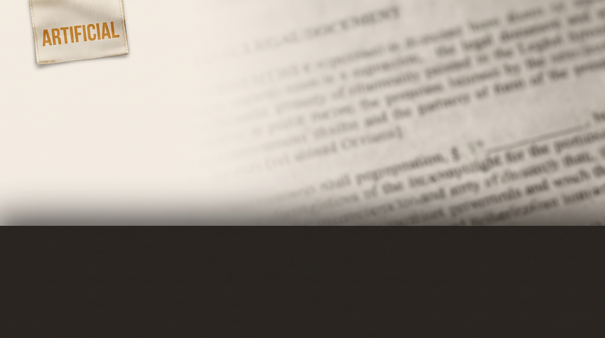 A garment care label reading ARTIFICIAL floating over defocused legal text — one word the law requires her to carry before she reaches her own conclusion — archival amber on pale grey