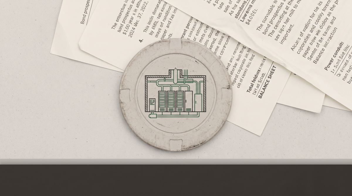 Poker chip on forensic surface — inside a miniature data center cross-section — blurred bond prospectuses — surveyor green on grey