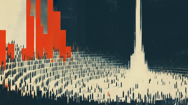 Vast amphitheater filled with hundreds of small identical dark figures in tiered rows. A single beam of harsh white light rises from center. The crowd faces the light.