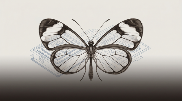 Abstract image of a glasswing butterfly overlaid on the geometric lines of a secure server infrastructure, suggesting transparency through hardened systems.