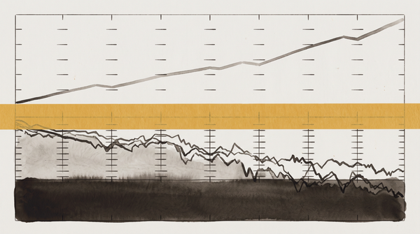Two-line economic chart on pale warm grey showing Q1 GDP headline revision versus private domestic demand; archival-tape amber band marks the gap between the two registers