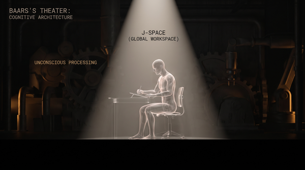 A spotlight on a dark stage illuminating a translucent figure — behind it in darkness the vast machinery of automatic processing — Baars theater as the J-space