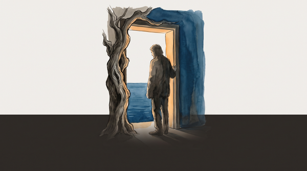 An olive tree motif fading into a threshold of warm light and deep sea shadow, evoking the recognition gap between departure and return.
