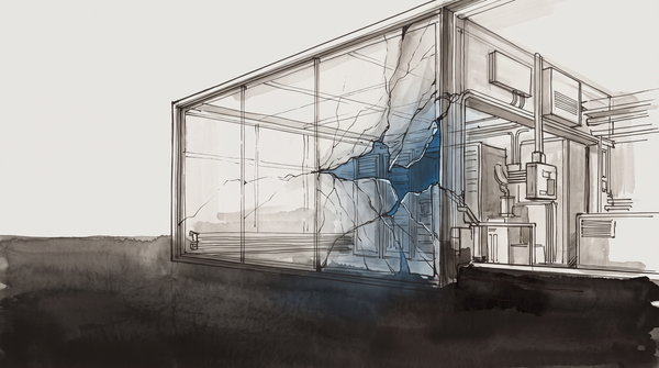 A laboratory observation room seen from behind one-way glass — a test subject sits at a desk unaware of being watched — institutional grey-green on pale paper