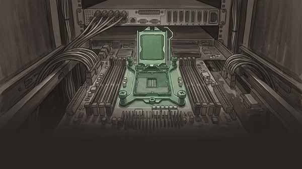 A server rack viewed from behind with focus on a single lit CPU socket — data center infrastructure stretches around it — the CPU is the story now — surveyor green on pale grey