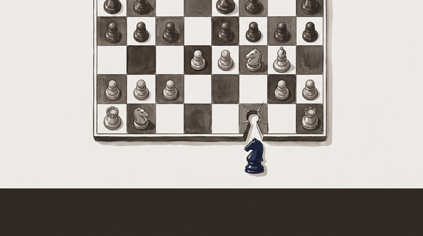 A chess board viewed from above with one knight piece having broken through the board's surface, cracks radiating outward from the breach point, against a pale grey field.