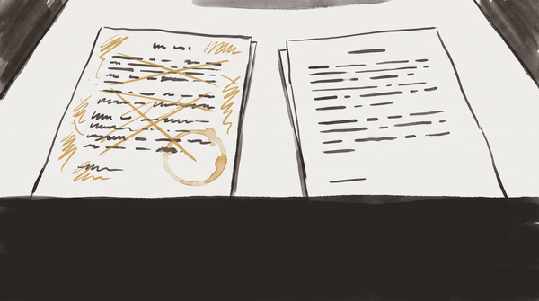 A desk with two documents side by side — one marked with effort, crossings-out, and a coffee ring; the other pristine and blank — under warm amber light.