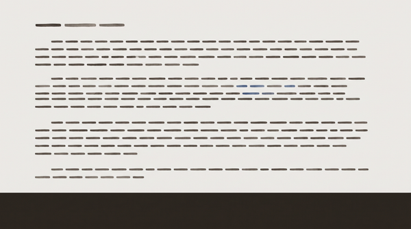 A typed letter or document, apparently ordinary, its body text rendered in abstract dash marks — and in one paragraph, two small marks that are slightly different. Present in the document fro