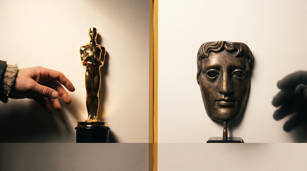 A split frame — Oscar statuette with human hand on one side, BAFTA mask with only its shadow on the other — two trophies, one question, different answers — amber on pale grey.