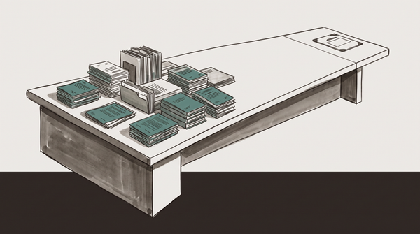 An asymmetric negotiating table — one end large and institutional with documents, the other narrow — the quiet architecture of a take-it-or-leave-it offer.