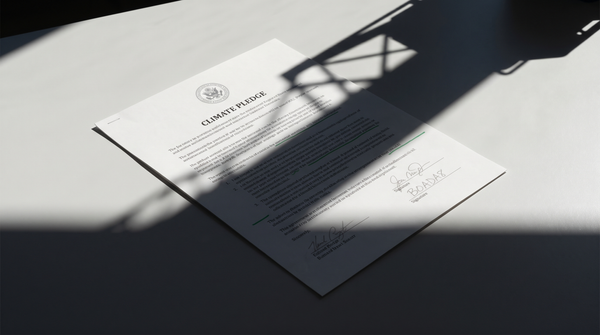 The Climate Pledge document flat on a pale surface, a gas-turbine shadow cast diagonally across it, the pledge text still legible through the shadow. Surveyor green on pale grey.