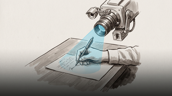 Watercolor sketch of a robotic camera projecting a cone of blue light onto a human hand writing with a pen, in sepia and grey with a blue accent