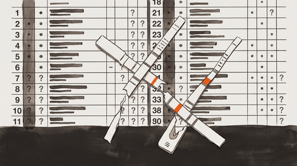 A music chart grid overlaid with clinical test-strip indicators in orange — chart numbers dissolving into question marks, the forensic layer arriving at the mainstream ranking.
